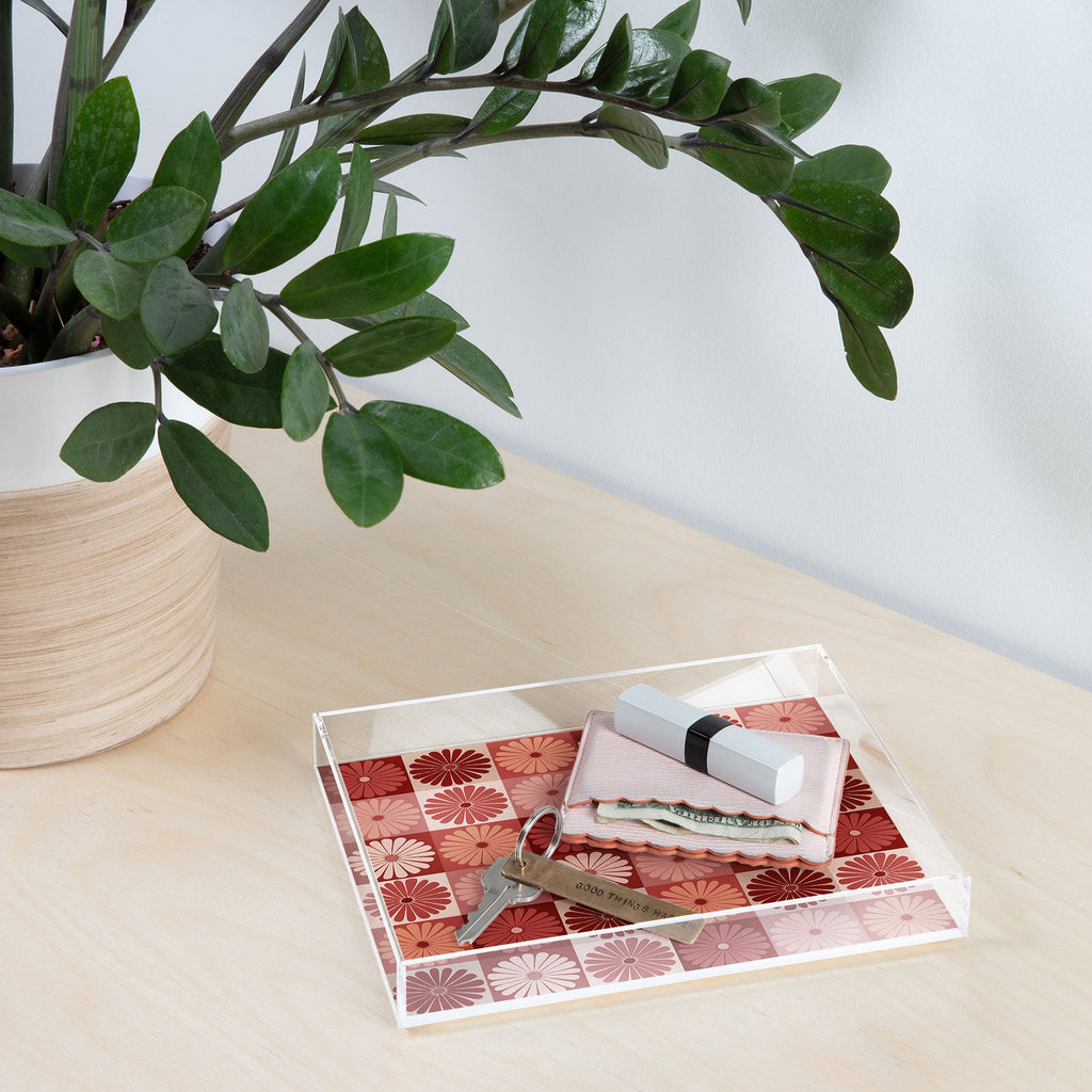 Colour Poems Checker Daisies I Red Pink Acrylic Tray