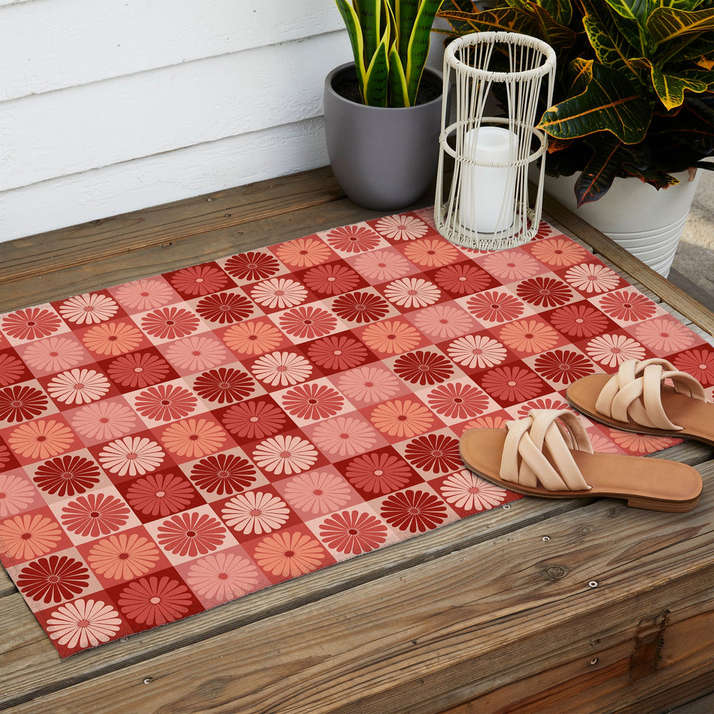 Colour Poems Checker Daisies I Red Pink Outdoor Rug