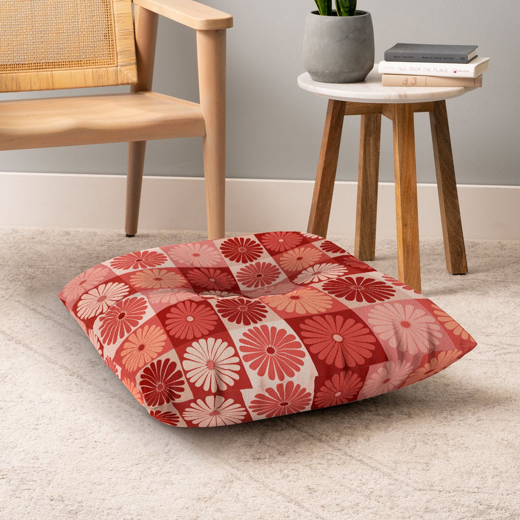 Colour Poems Checker Daisies I Red Pink Floor Pillow Square