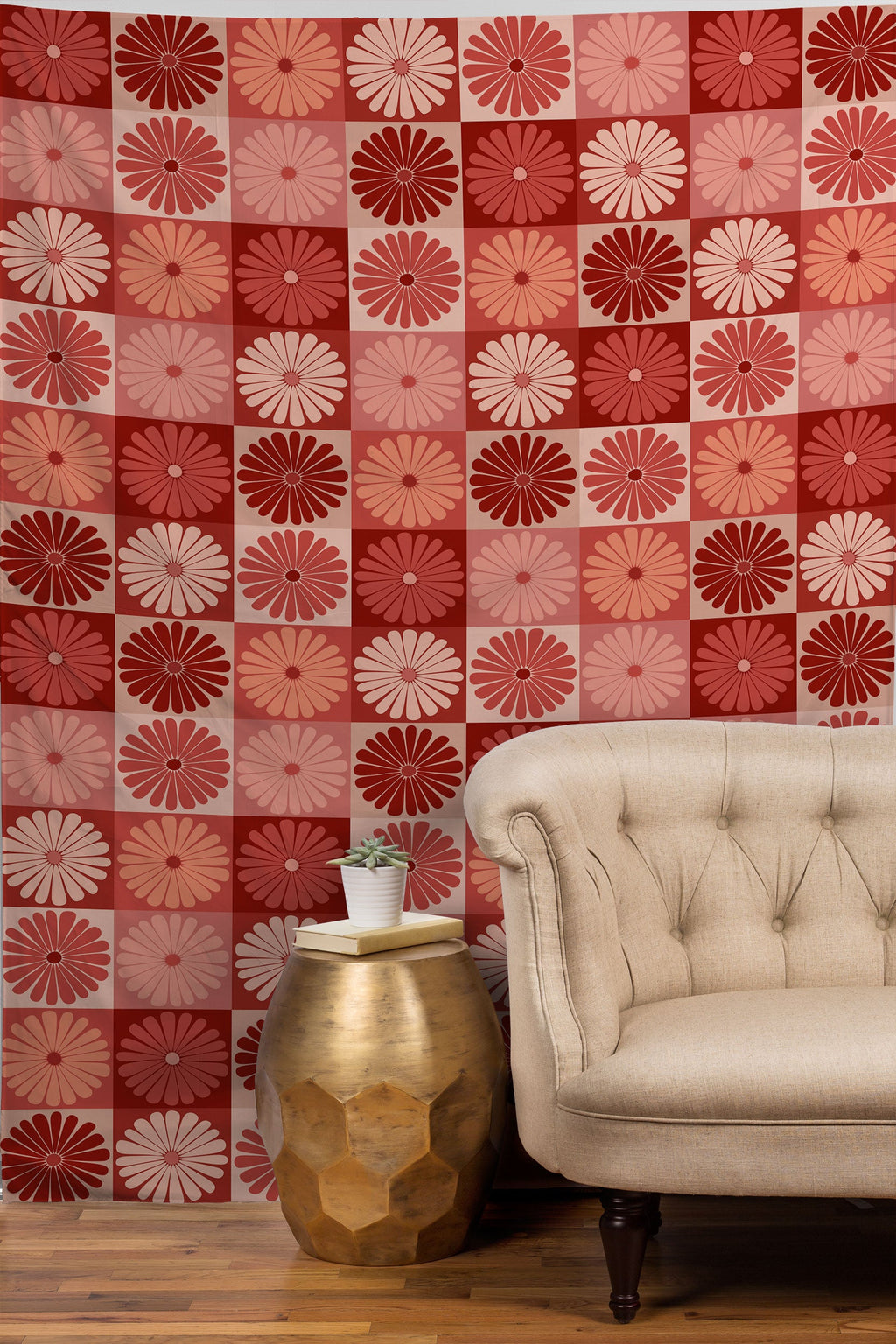 Colour Poems Checker Daisies I Red Pink Tapestry