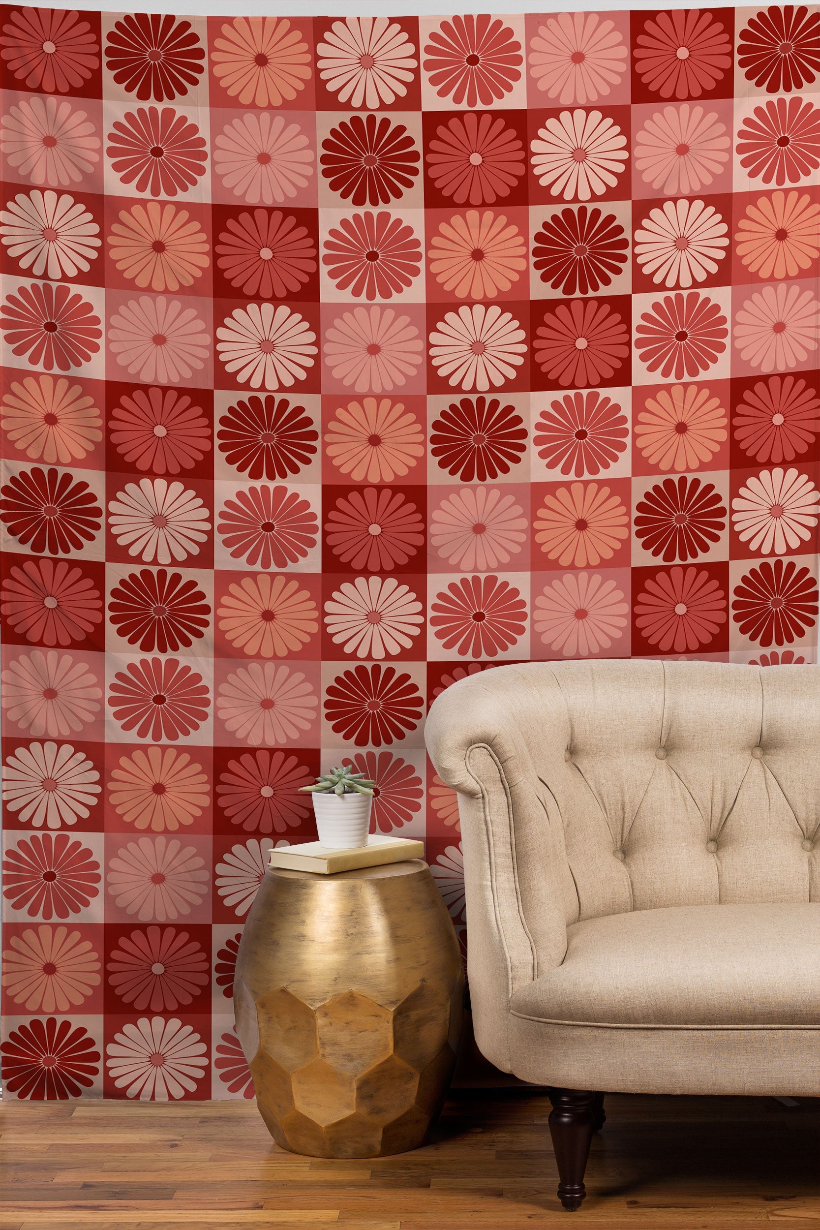 Colour Poems Checker Daisies I Red Pink Tapestry