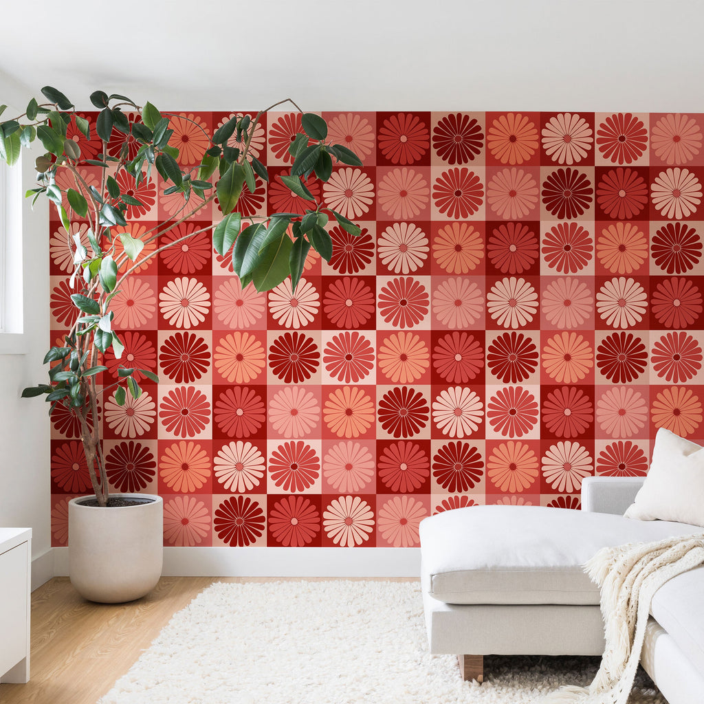 Colour Poems Checker Daisies I Red Pink Wall Mural