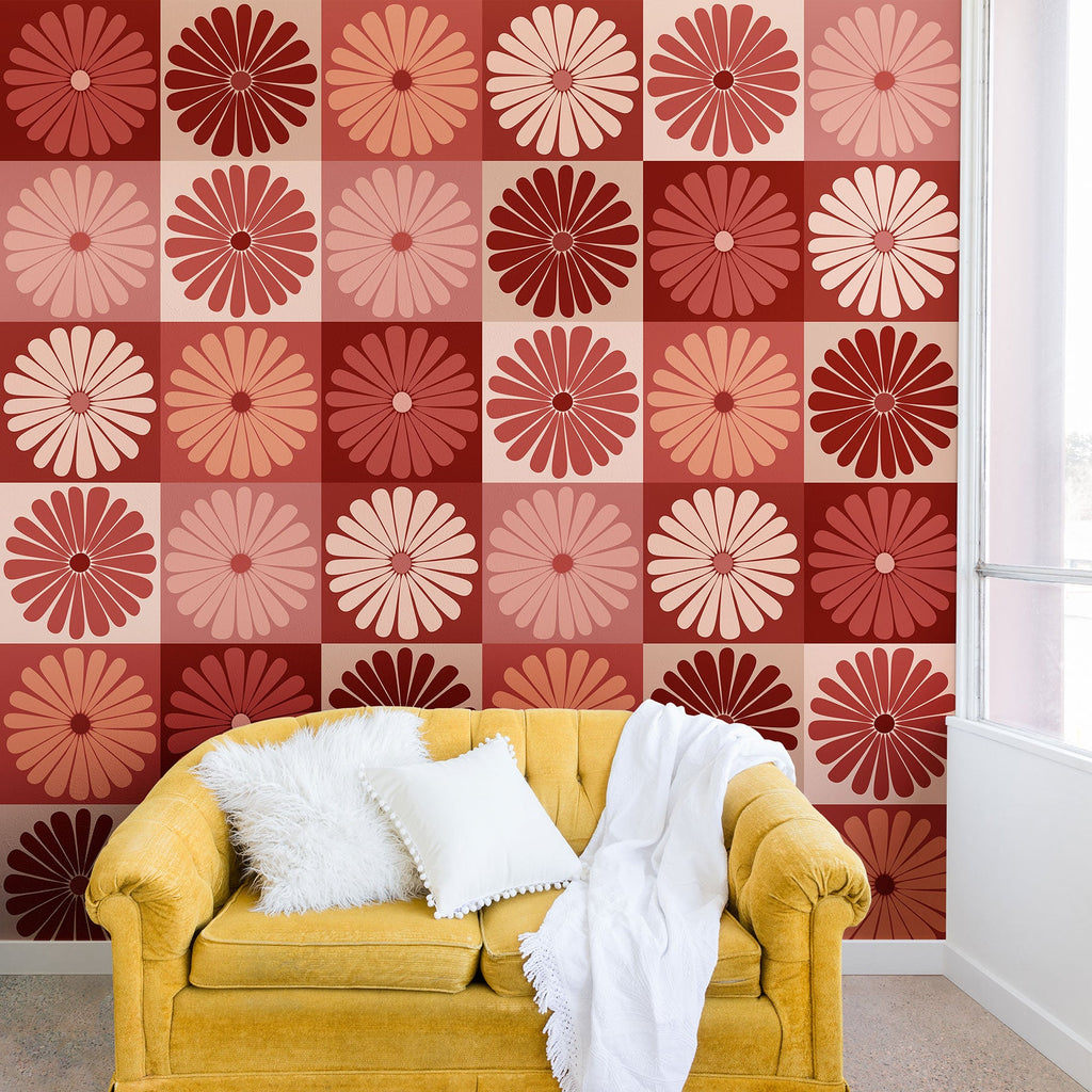 Colour Poems Checker Daisies I Red Pink Wall Mural