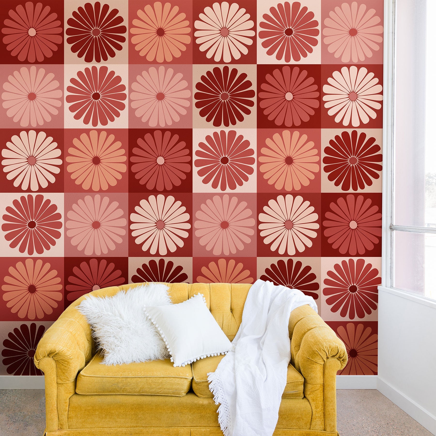 Colour Poems Checker Daisies I Red Pink Wall Mural