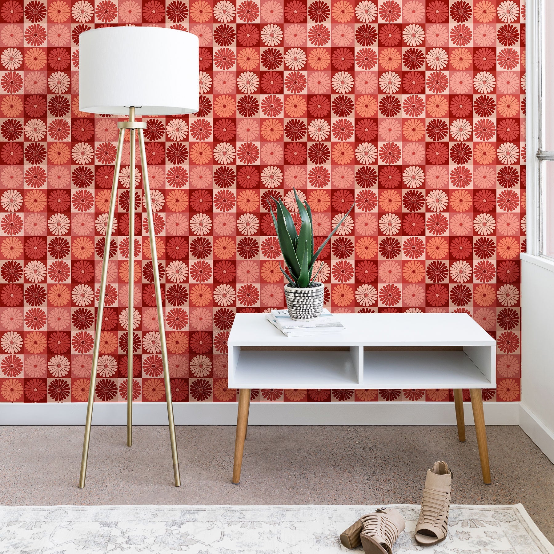 Colour Poems Checker Daisies I Red Pink Wallpaper