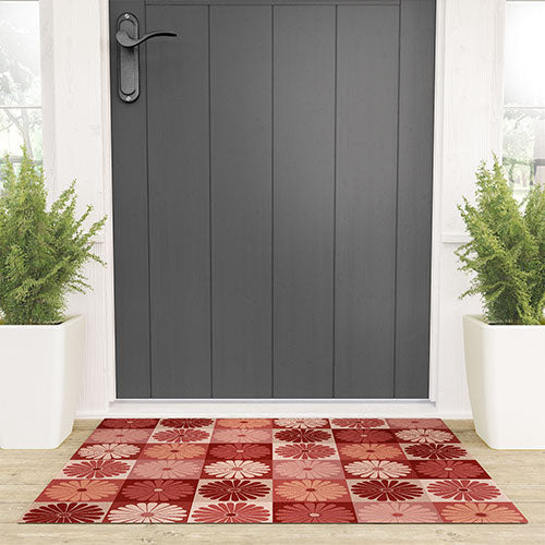 Colour Poems Checker Daisies I Red Pink Welcome Mat