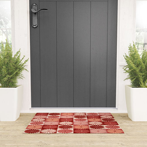 Colour Poems Checker Daisies I Red Pink Welcome Mat