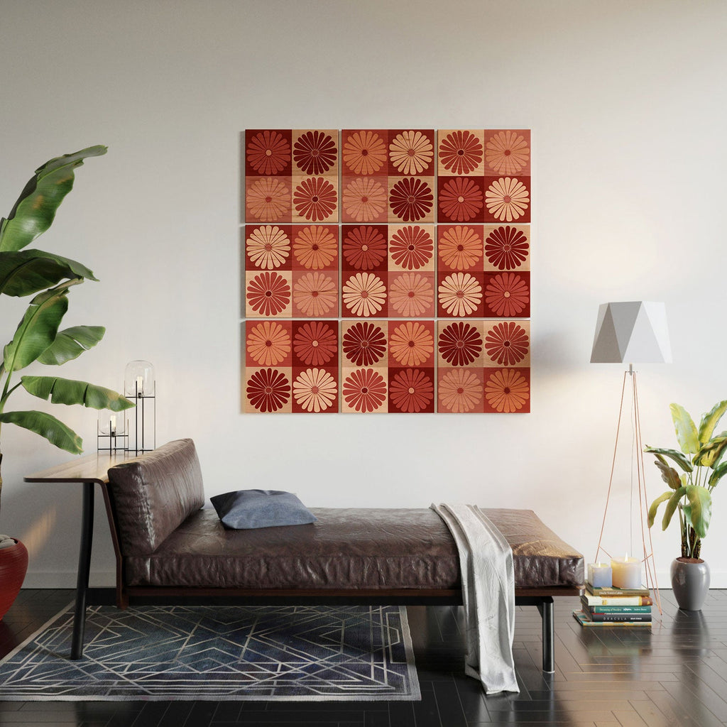 Colour Poems Checker Daisies I Red Pink Wood Wall Mural