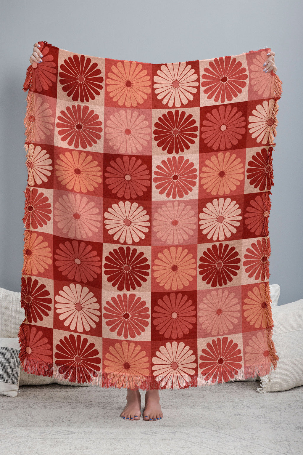Colour Poems Checker Daisies I Red Pink Throw Blanket