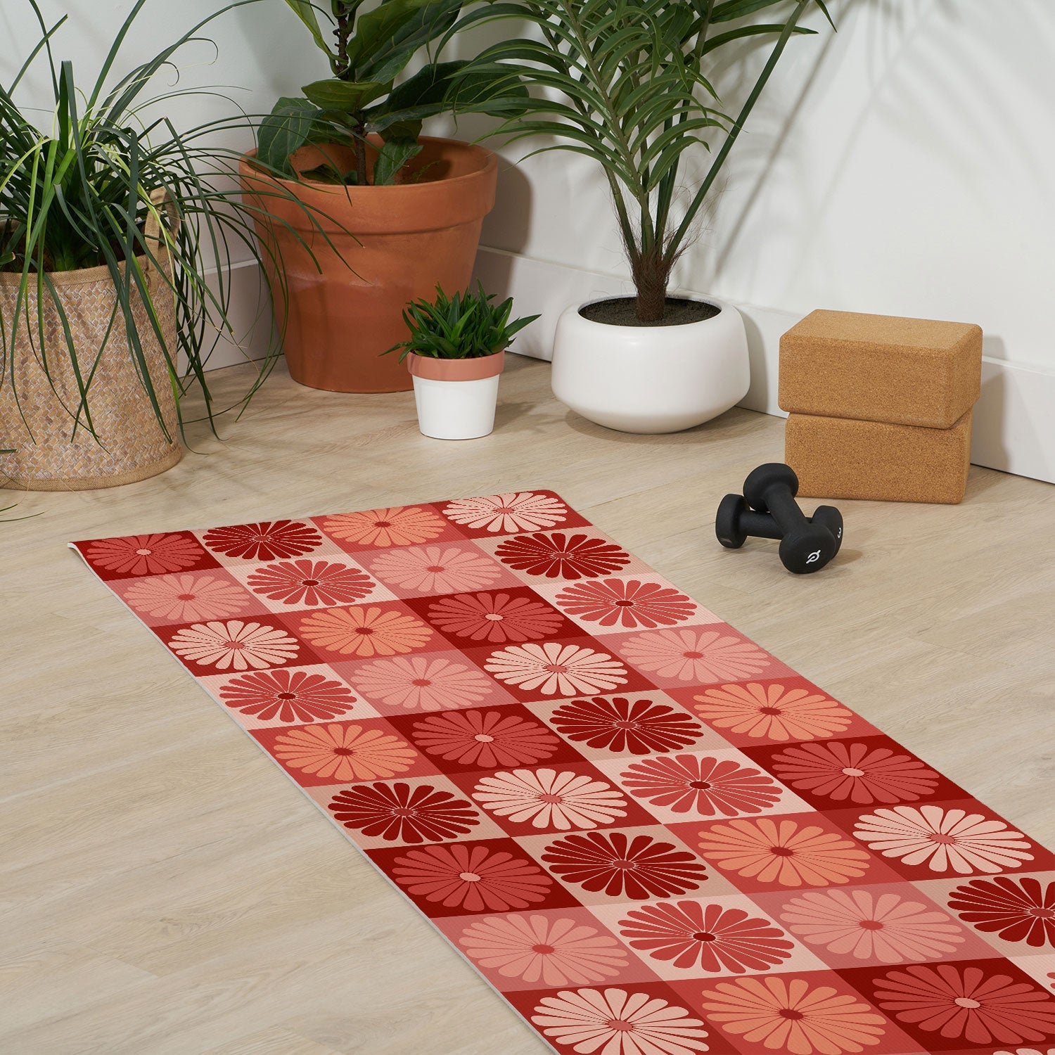 Colour Poems Checker Daisies I Red Pink Yoga Mat