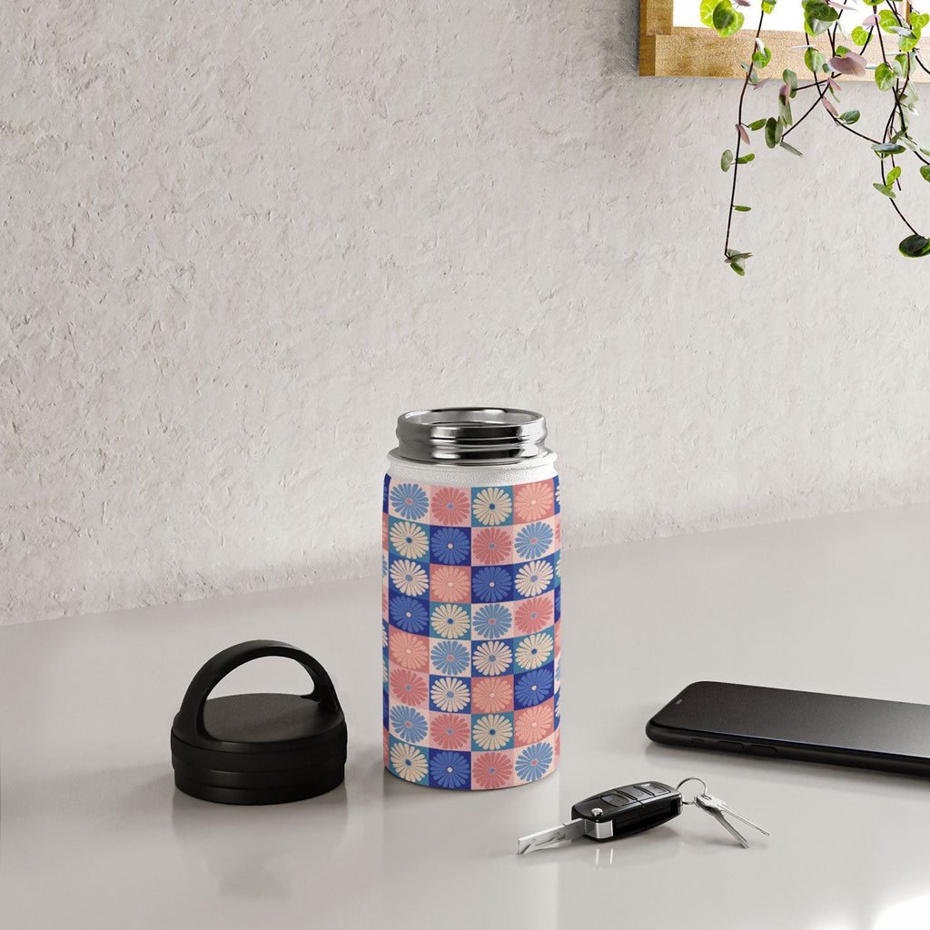 Colour Poems Checker Daisies II Blue Pink Water Bottle