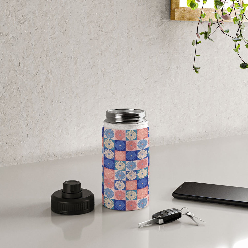 Colour Poems Checker Daisies II Blue Pink Water Bottle