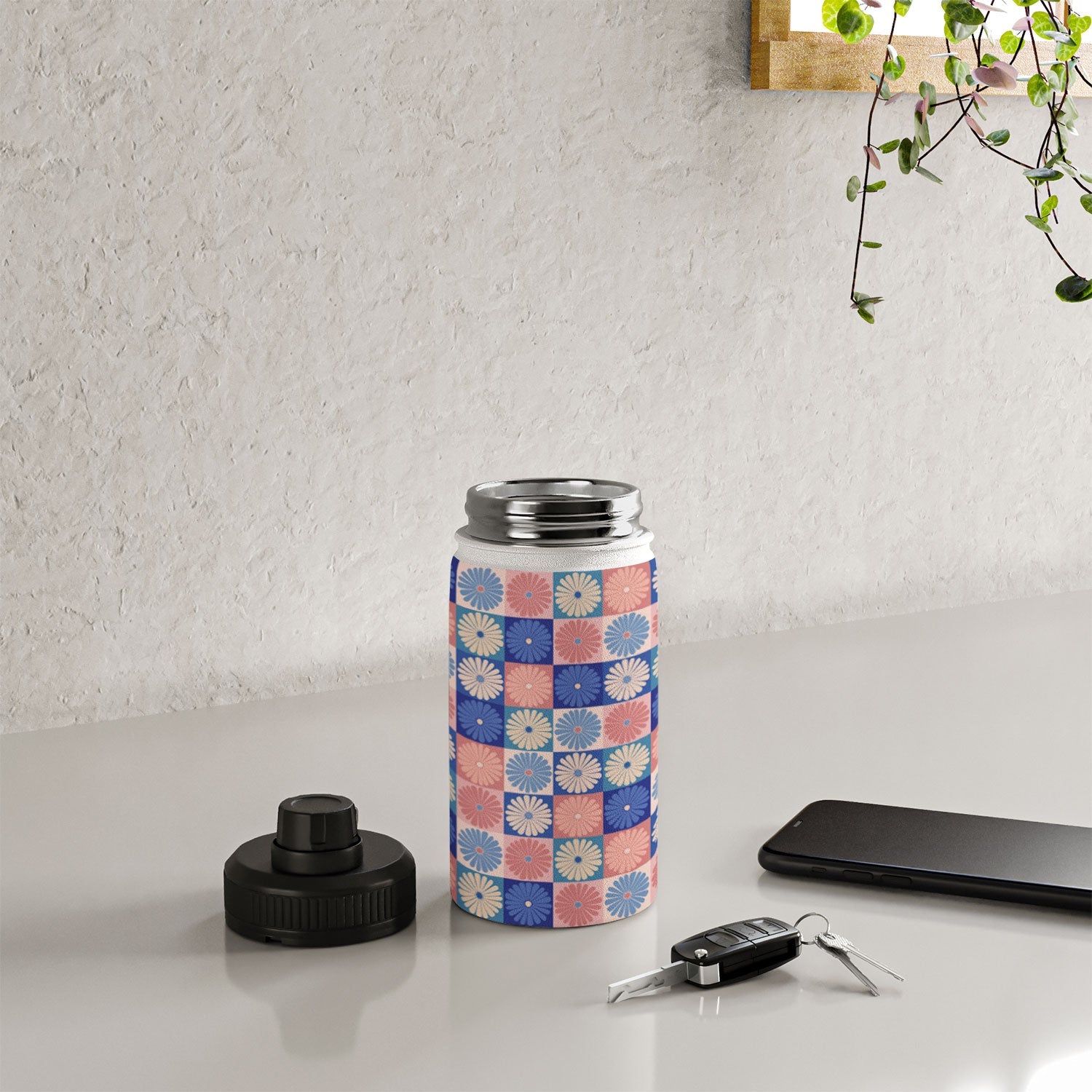 Colour Poems Checker Daisies II Blue Pink Water Bottle
