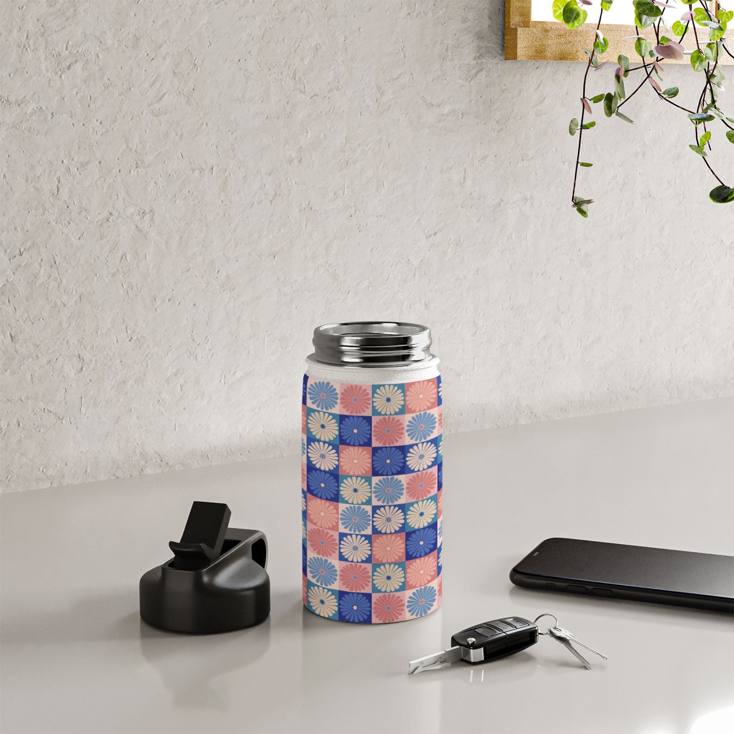 Colour Poems Checker Daisies II Blue Pink Water Bottle
