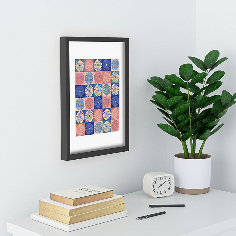Colour Poems Checker Daisies II Blue Pink Recessed Framing Rectangle