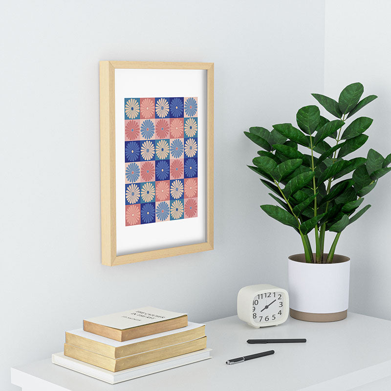 Colour Poems Checker Daisies II Blue Pink Recessed Framing Rectangle