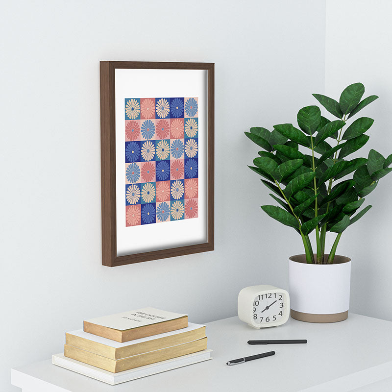 Colour Poems Checker Daisies II Blue Pink Recessed Framing Rectangle