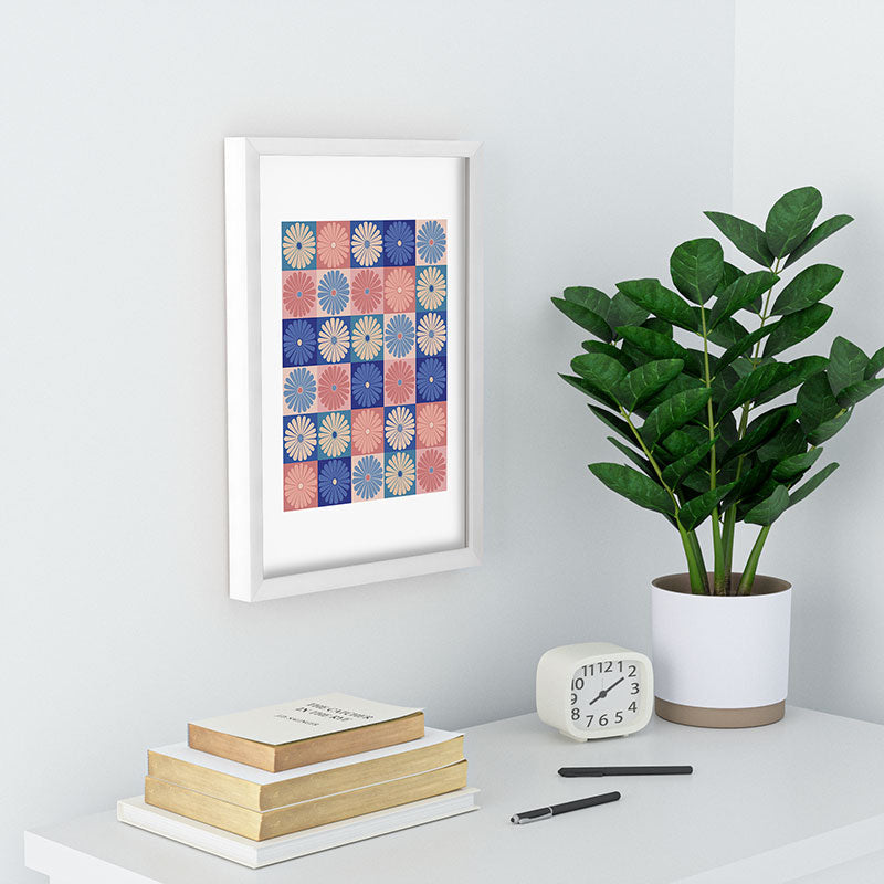 Colour Poems Checker Daisies II Blue Pink Recessed Framing Rectangle
