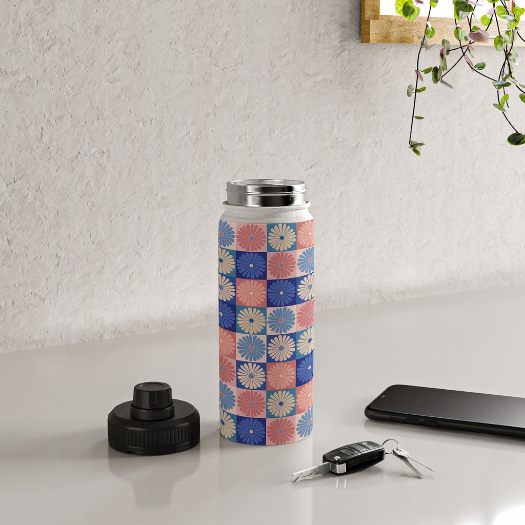 Colour Poems Checker Daisies II Blue Pink Water Bottle