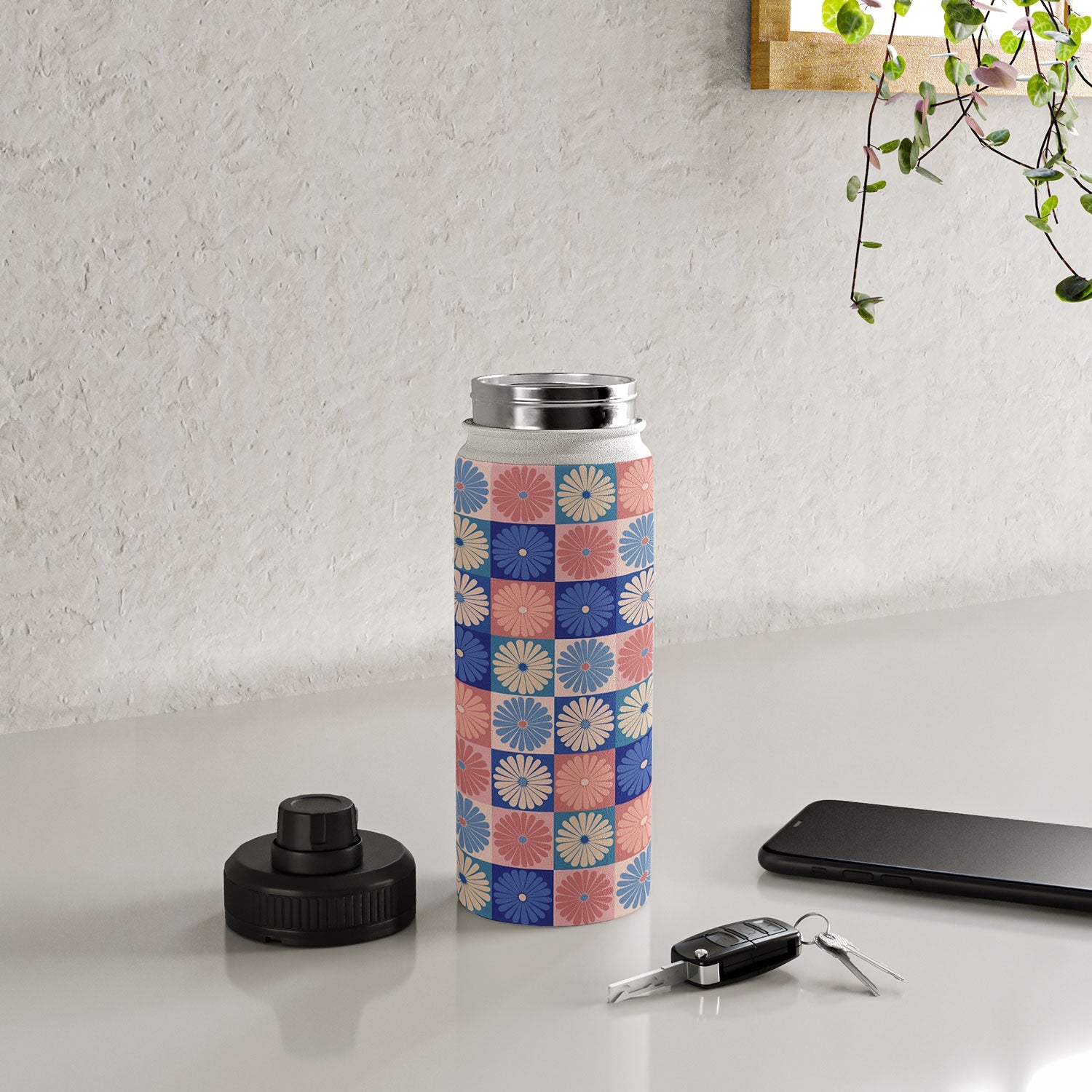 Colour Poems Checker Daisies II Blue Pink Water Bottle
