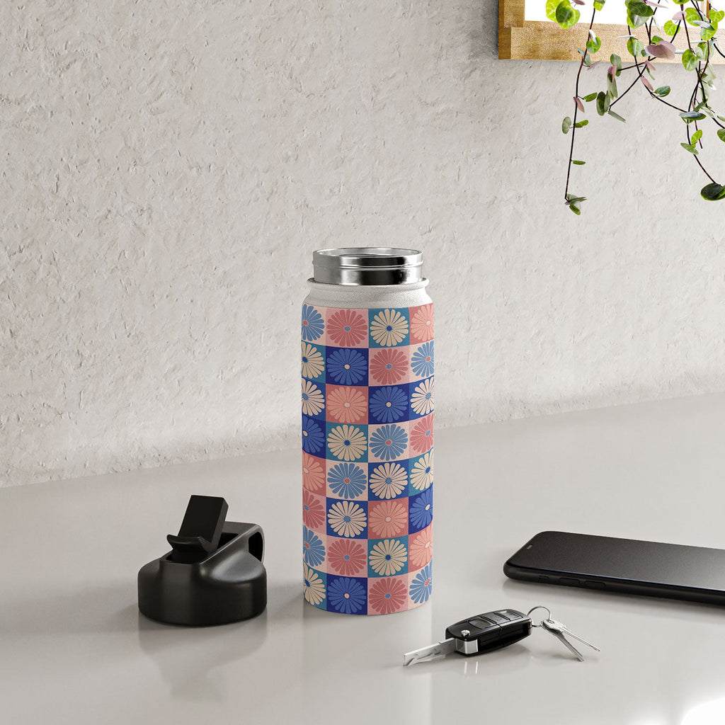 Colour Poems Checker Daisies II Blue Pink Water Bottle