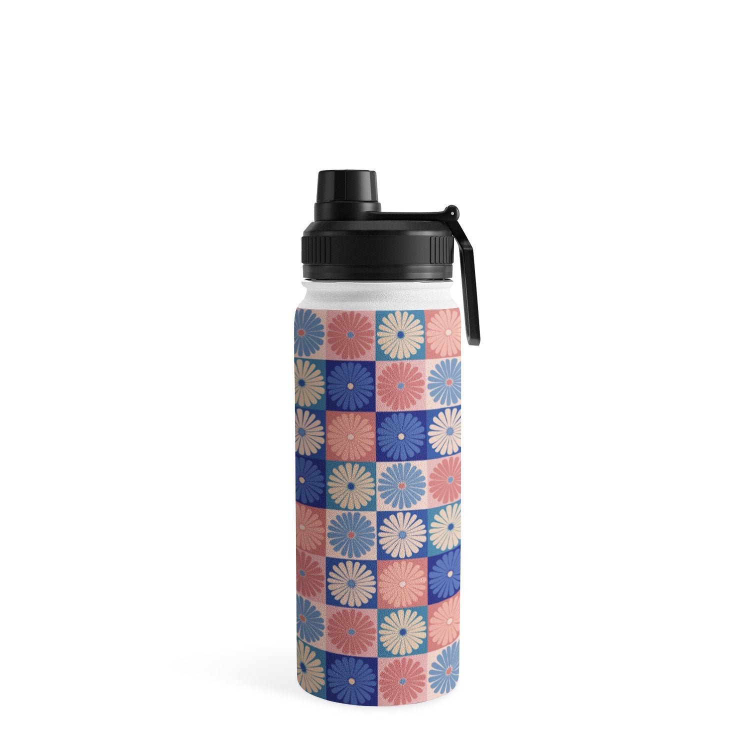 Colour Poems Checker Daisies II Blue Pink Water Bottle