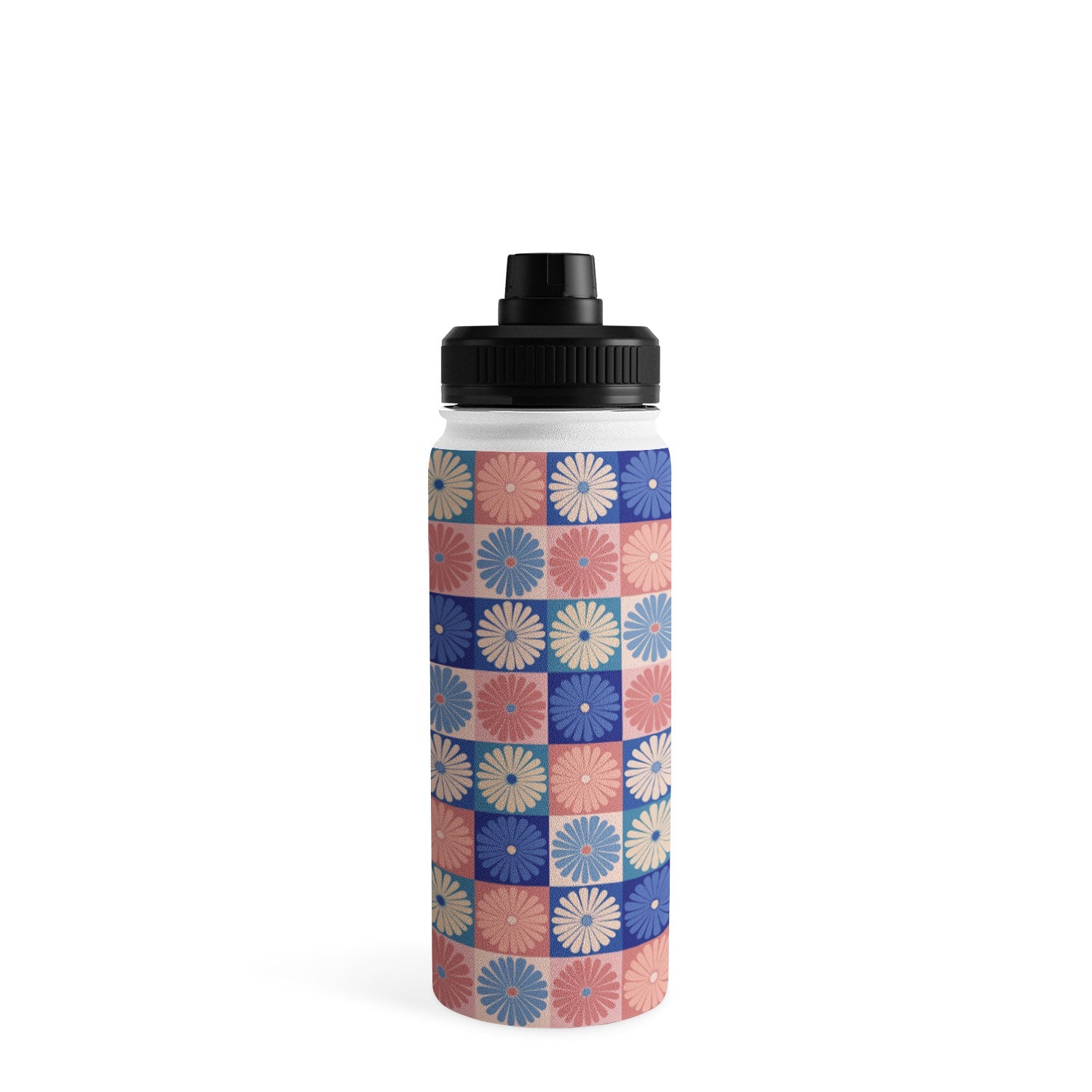 Colour Poems Checker Daisies II Blue Pink Water Bottle