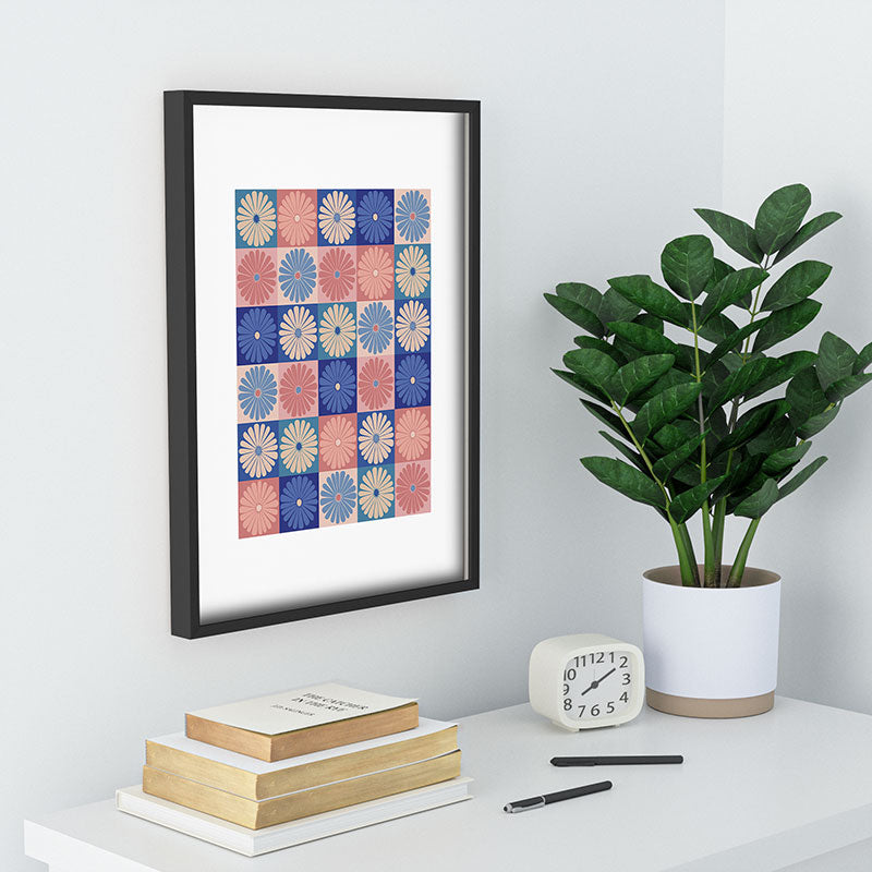 Colour Poems Checker Daisies II Blue Pink Recessed Framing Rectangle
