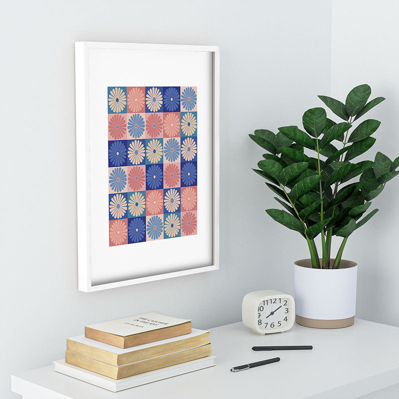Colour Poems Checker Daisies II Blue Pink Recessed Framing Rectangle