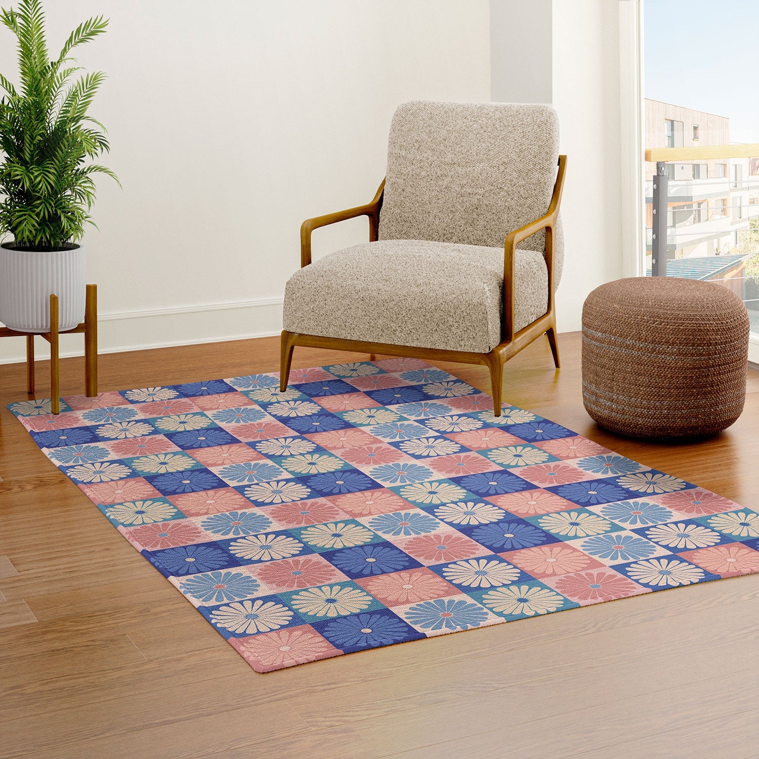 Colour Poems Checker Daisies II Blue Pink Area Rug