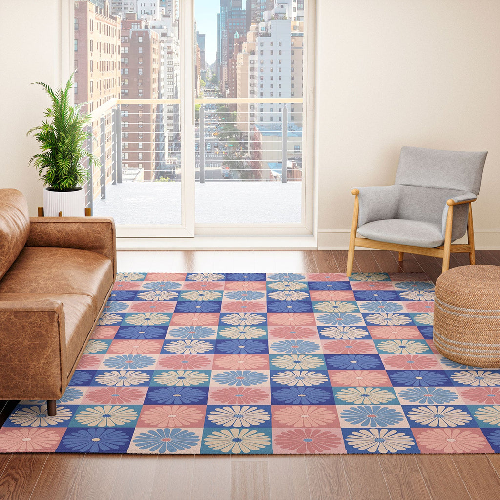 Colour Poems Checker Daisies II Blue Pink Area Rug