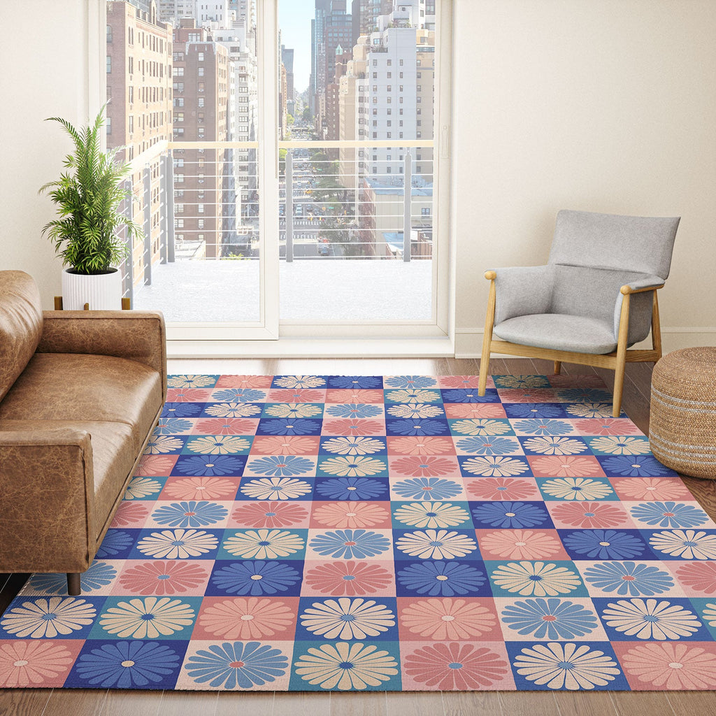 Colour Poems Checker Daisies II Blue Pink Area Rug