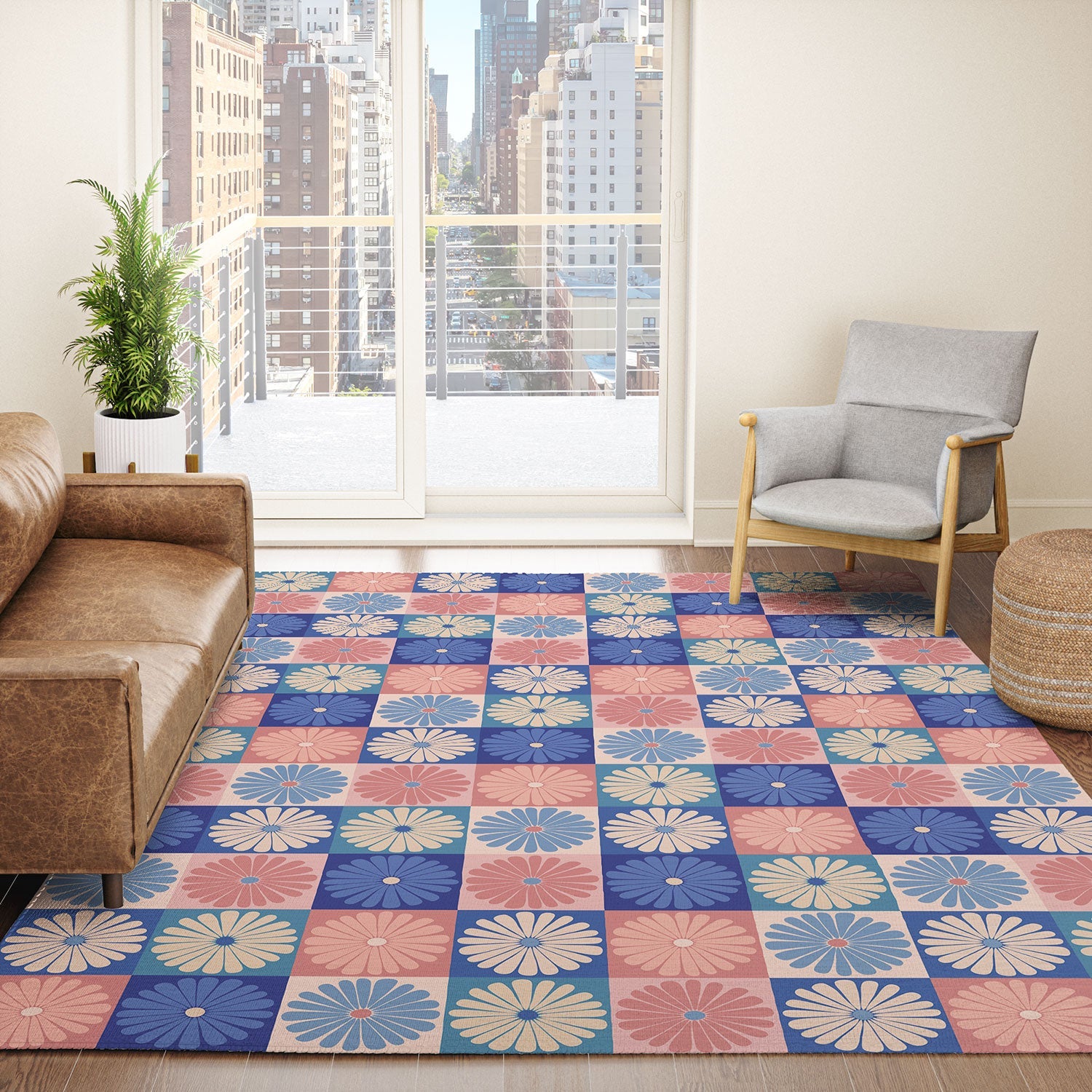 Colour Poems Checker Daisies II Blue Pink Area Rug