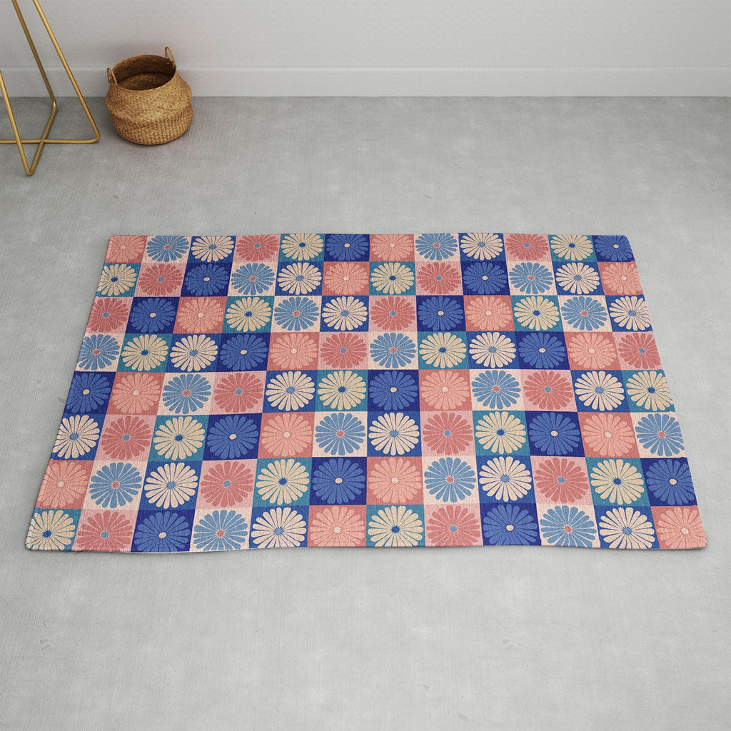 Colour Poems Checker Daisies II Blue Pink Area Rug