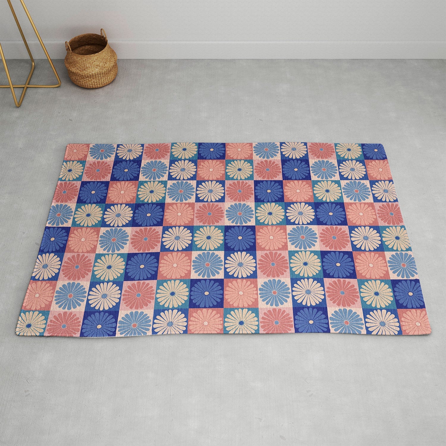 Colour Poems Checker Daisies II Blue Pink Area Rug