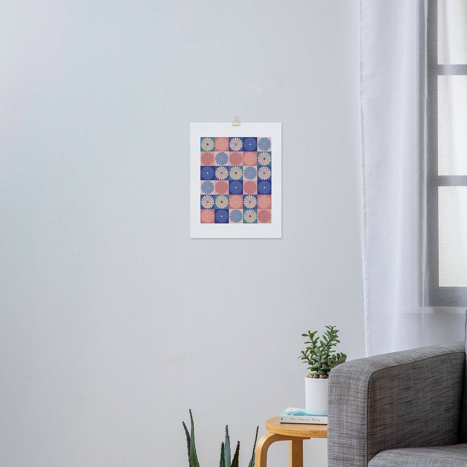Colour Poems Checker Daisies II Blue Pink Art Print