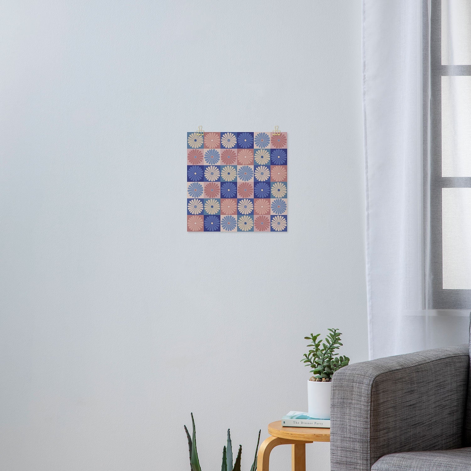 Colour Poems Checker Daisies II Blue Pink Art Print