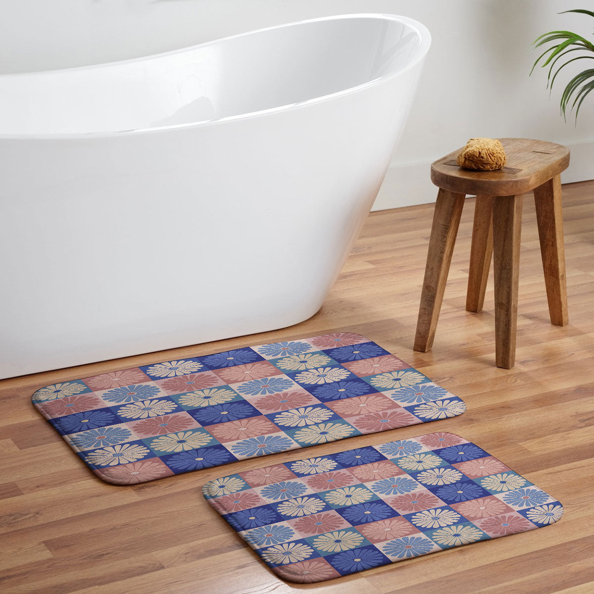 Colour Poems Checker Daisies II Blue Pink Memory Foam Bath Mat