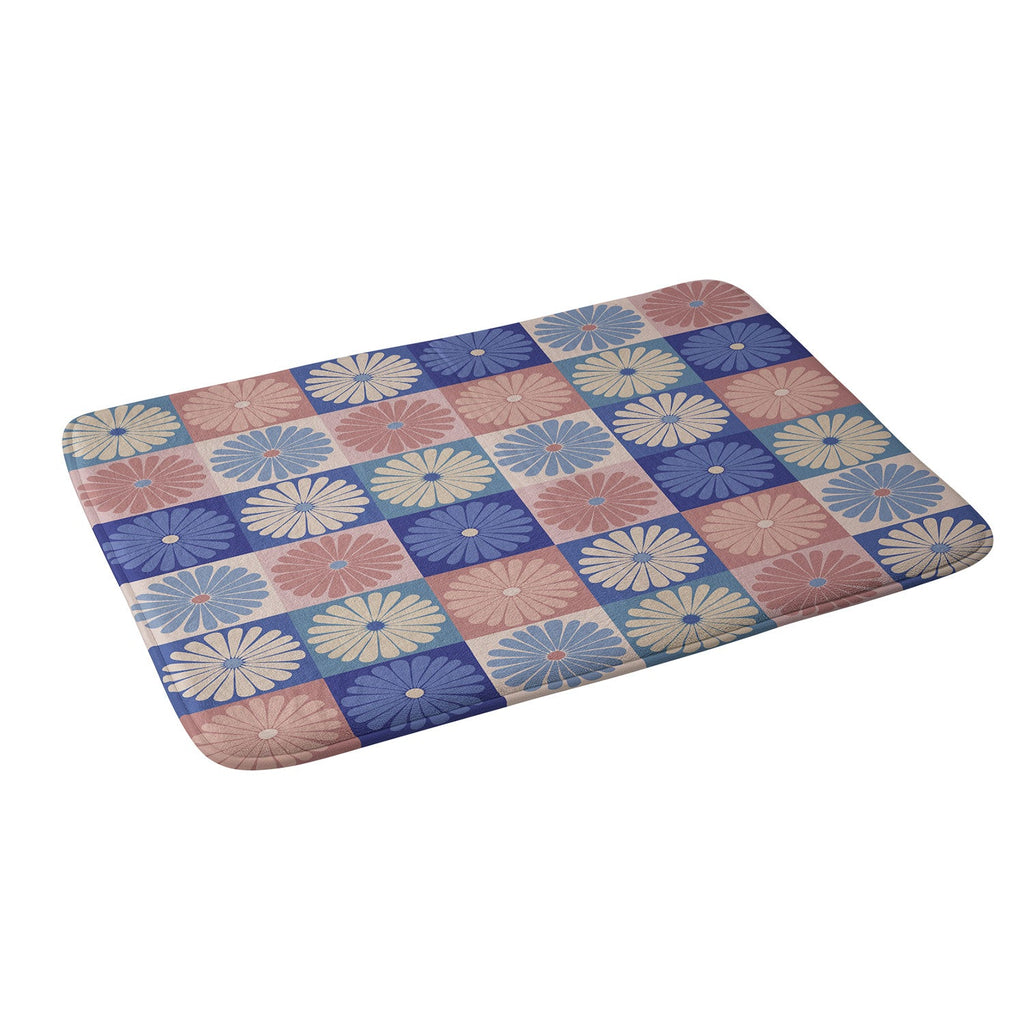 Colour Poems Checker Daisies II Blue Pink Memory Foam Bath Mat