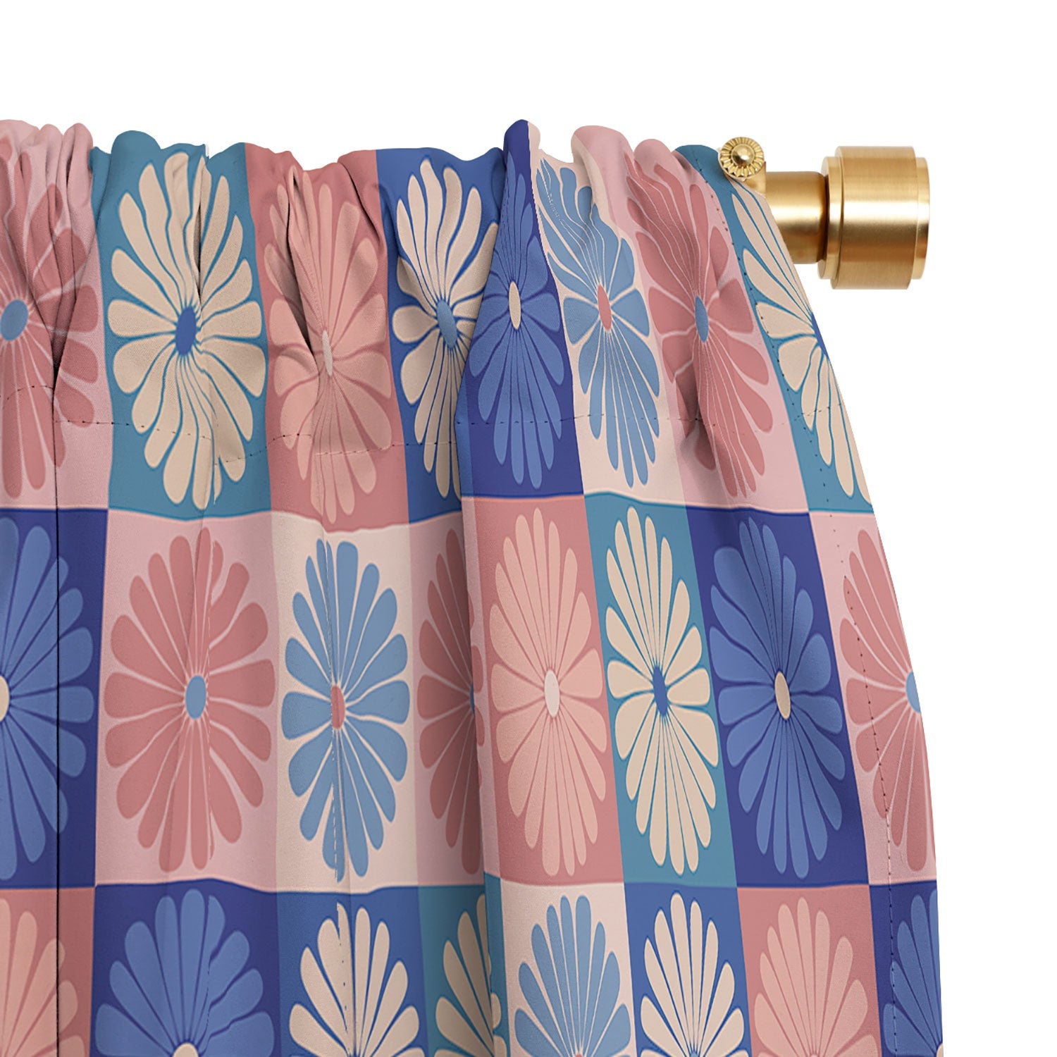 Colour Poems Checker Daisies II Blue Pink Blackout Window Curtain