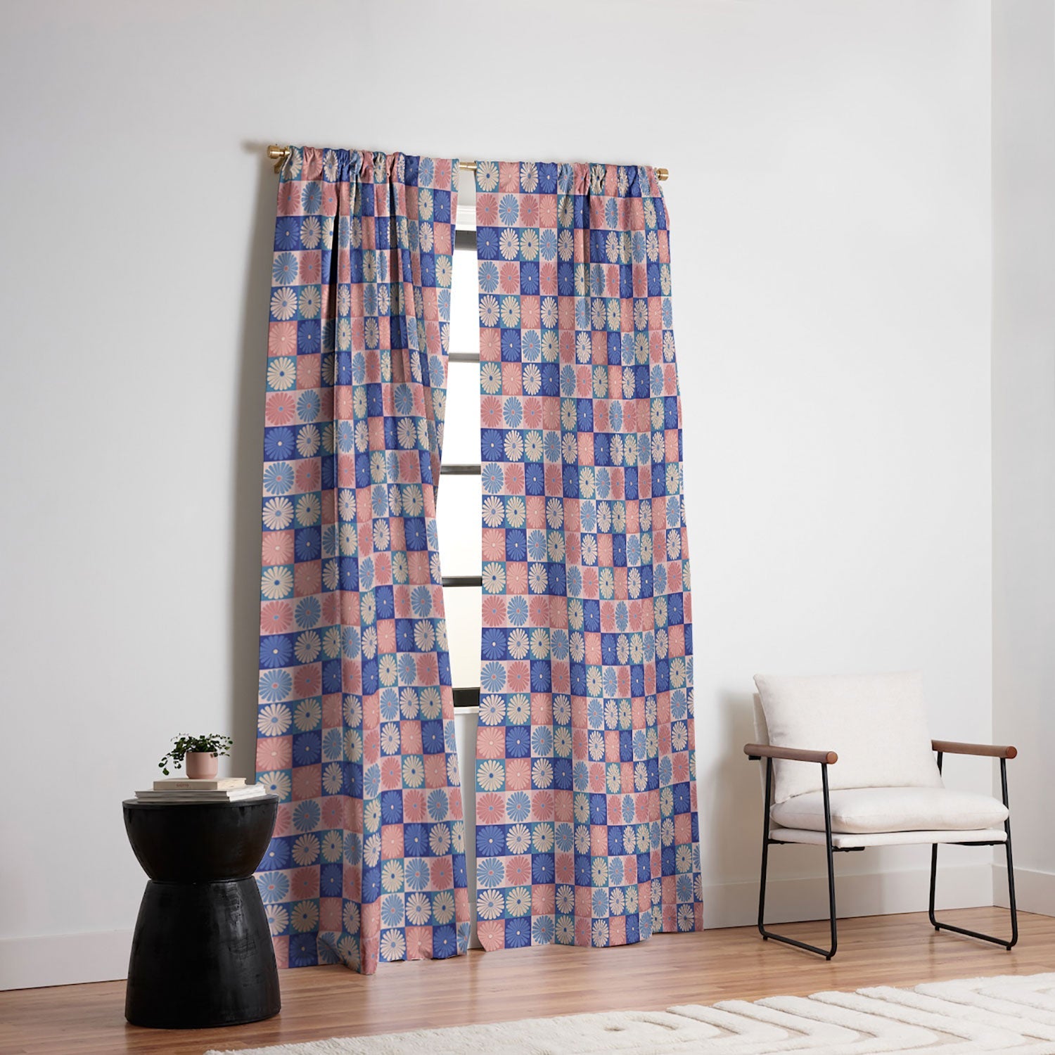 Colour Poems Checker Daisies II Blue Pink Blackout Window Curtain
