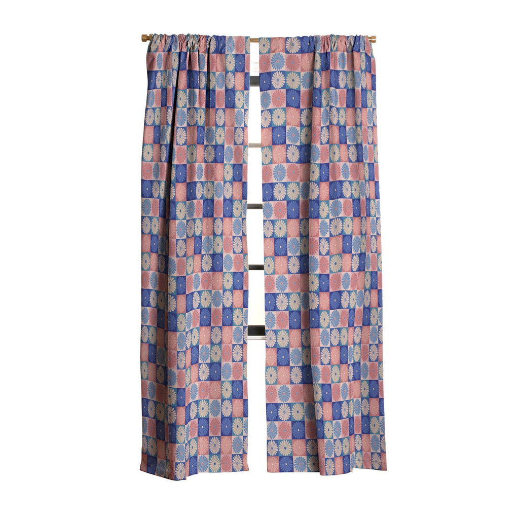 Colour Poems Checker Daisies II Blue Pink Blackout Window Curtain