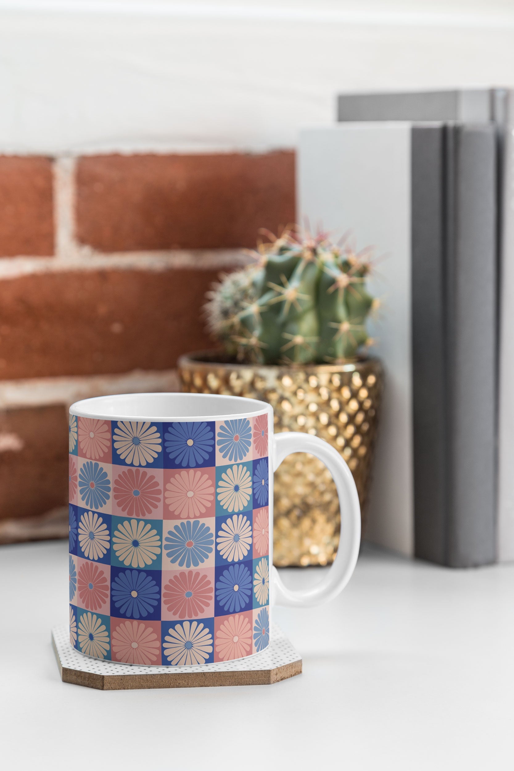 Colour Poems Checker Daisies II Blue Pink Coffee Mug
