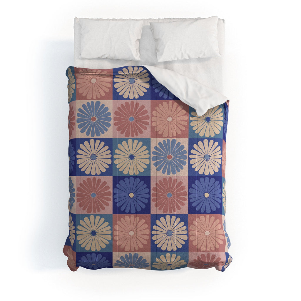 Colour Poems Checker Daisies II Blue Pink Comforter