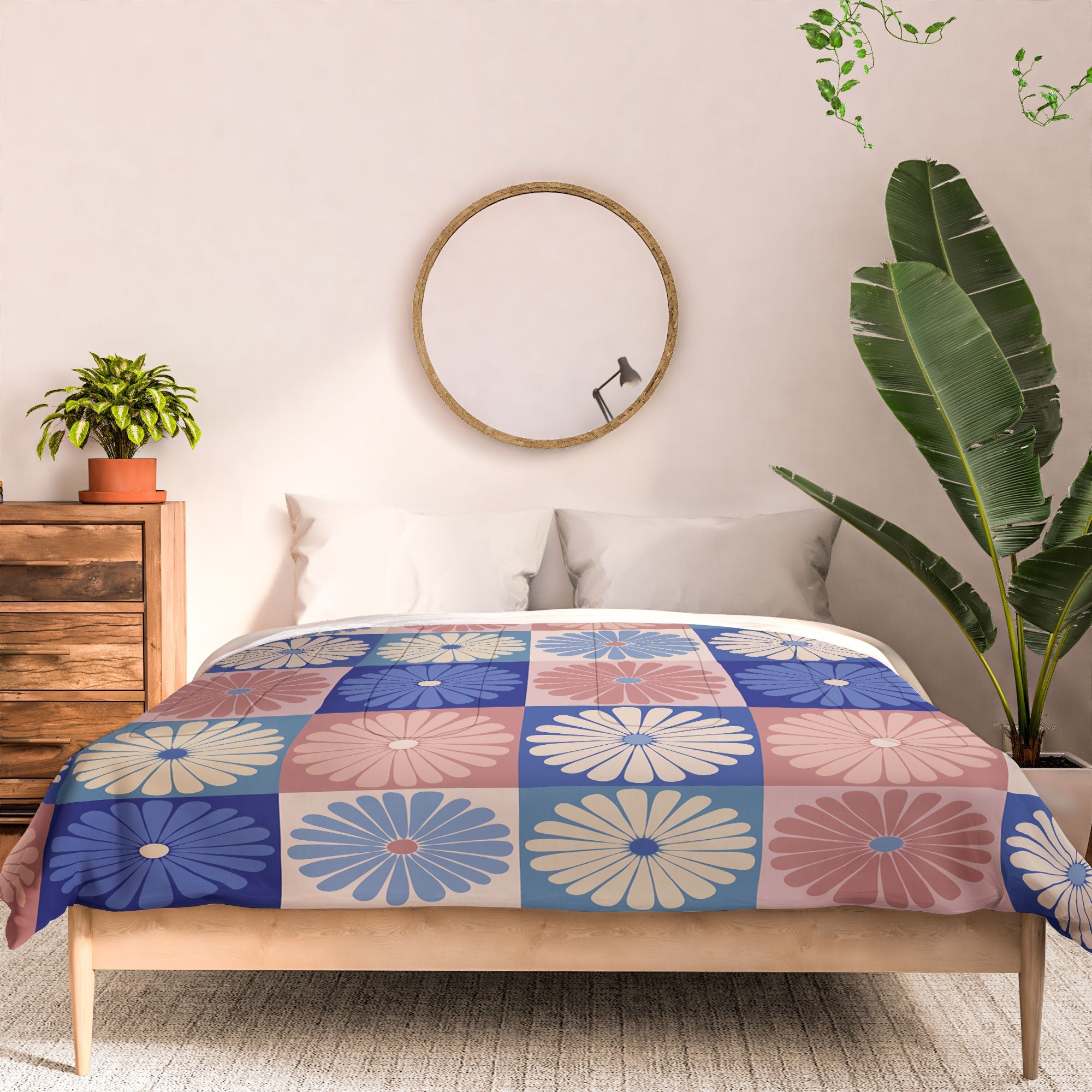 Colour Poems Checker Daisies II Blue Pink Comforter