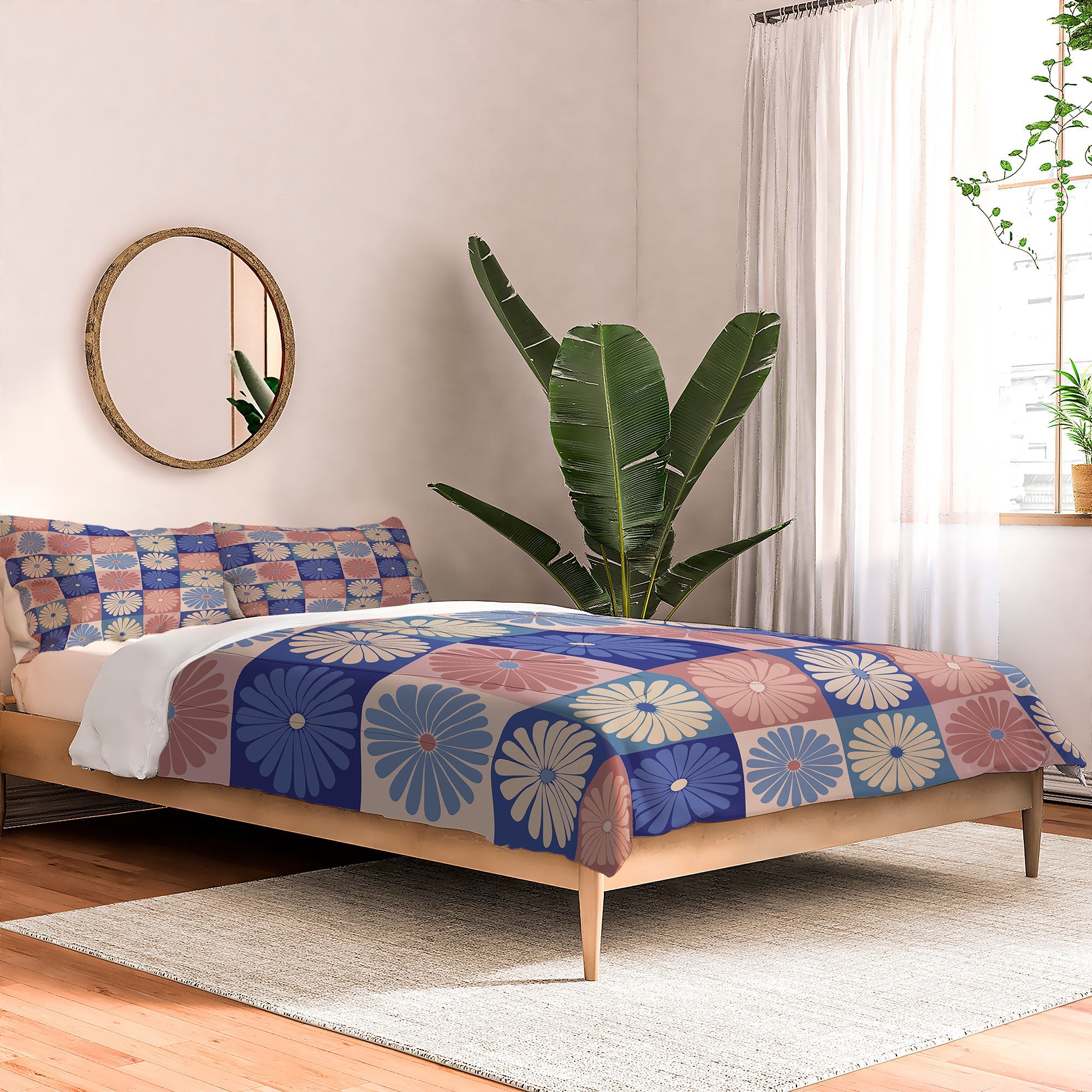Colour Poems Checker Daisies II Blue Pink Comforter