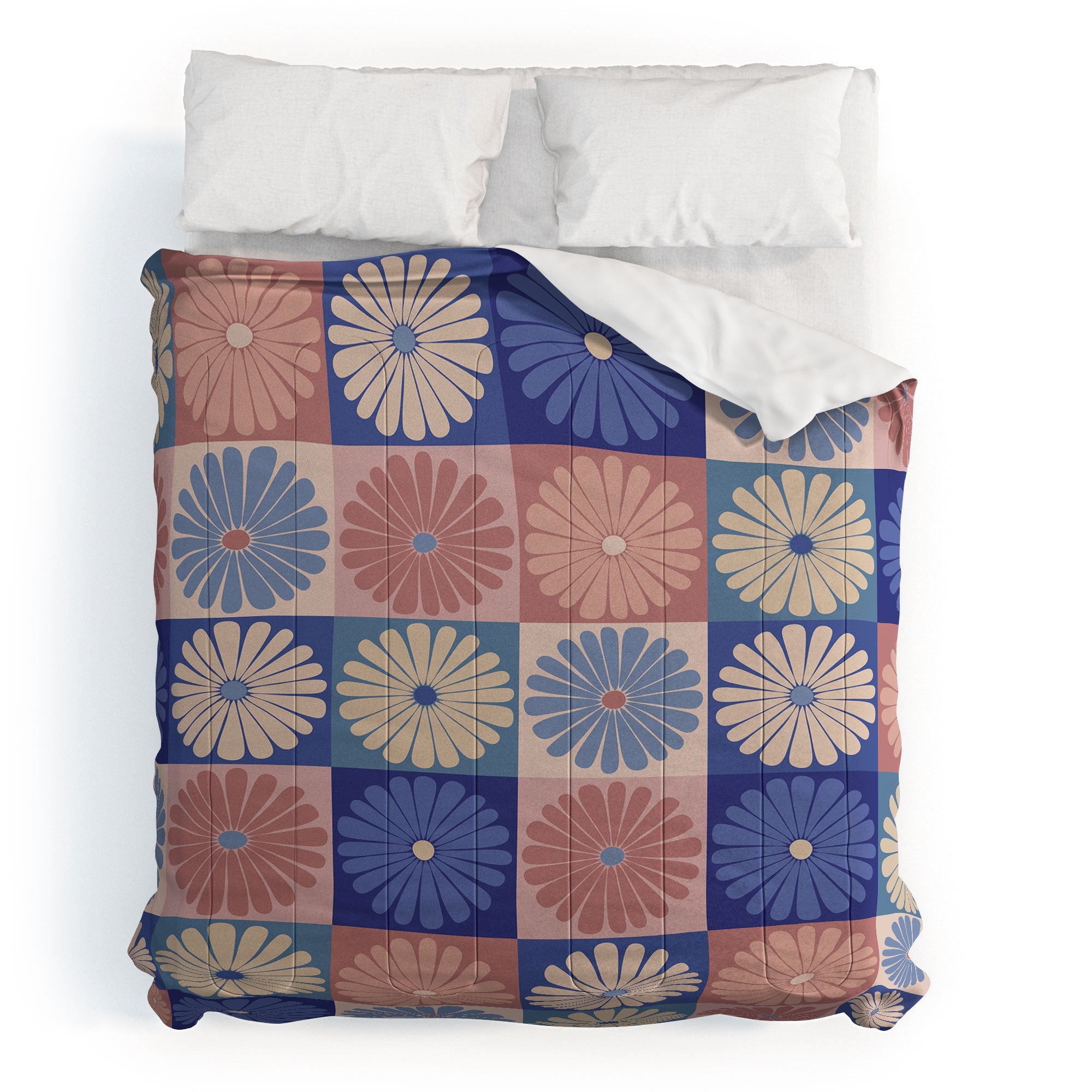 Colour Poems Checker Daisies II Blue Pink Comforter