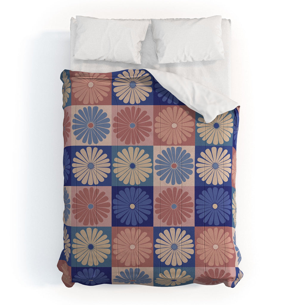 Colour Poems Checker Daisies II Blue Pink Comforter