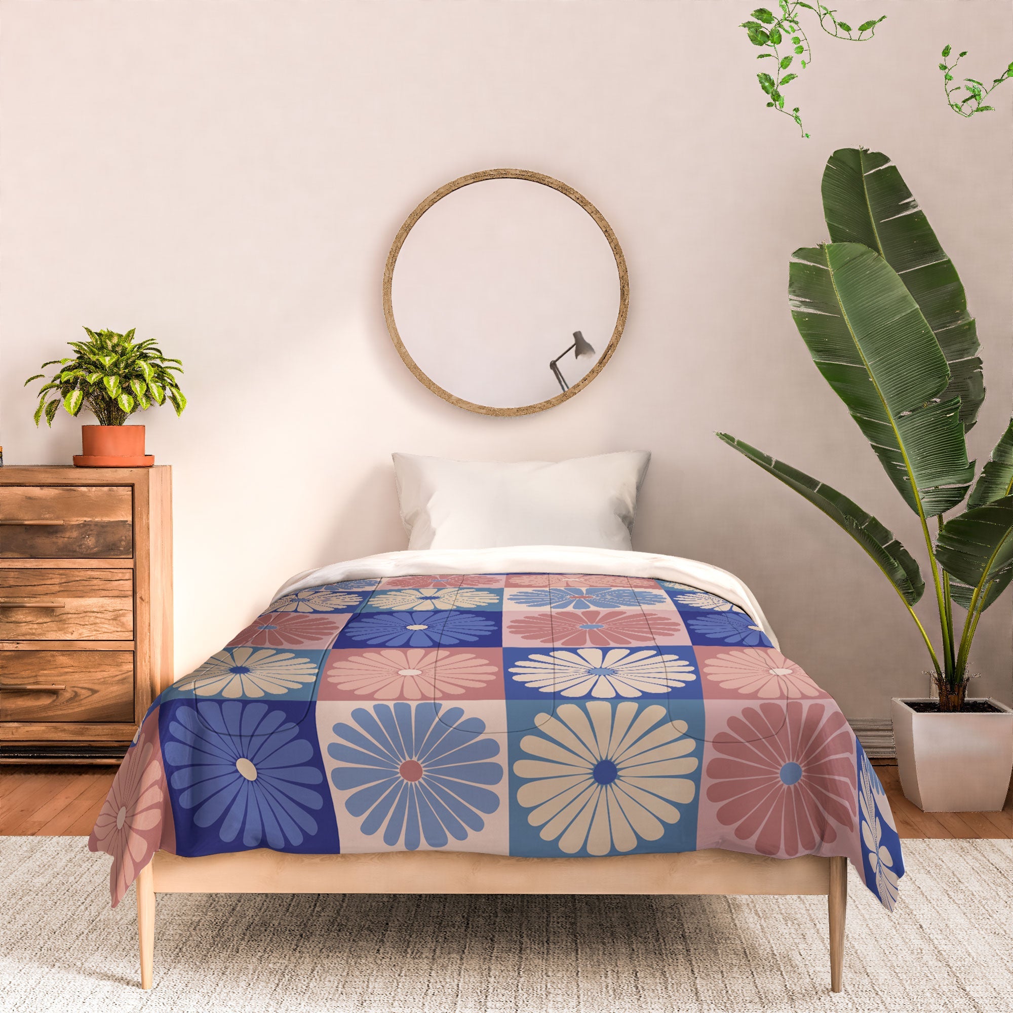 Colour Poems Checker Daisies II Blue Pink Comforter