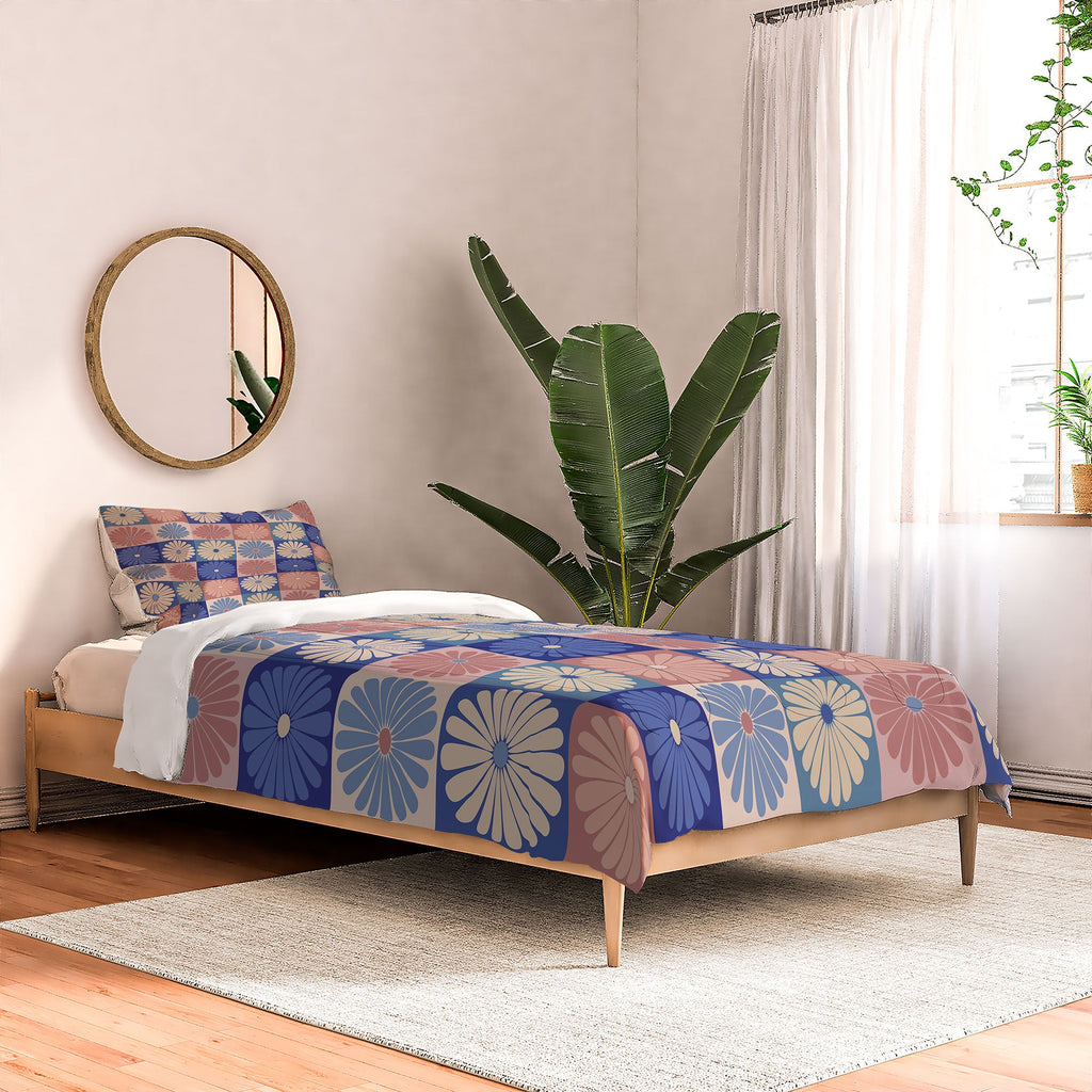 Colour Poems Checker Daisies II Blue Pink Comforter